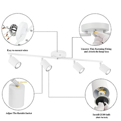 BoostArea LED 4 Light Track Lighting Kit, White 4 Way Ceiling Spot Lighting, Flexibly Rotatable Light Head for Kitchen, Living Room, Bedroom, Bulb Not Included - color: 4 Light-white