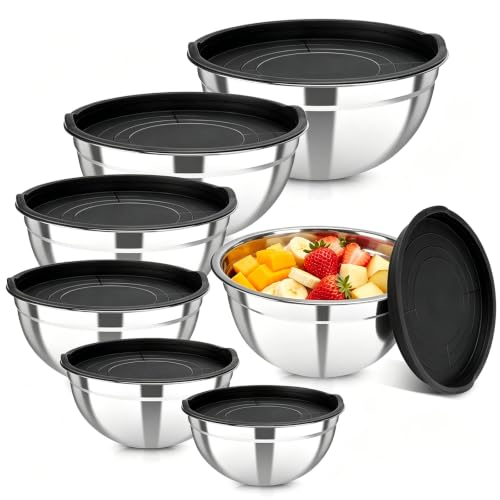 Stainless Steel Mixing Bowls with Lids, 7-Piece Nesting Bowl Set