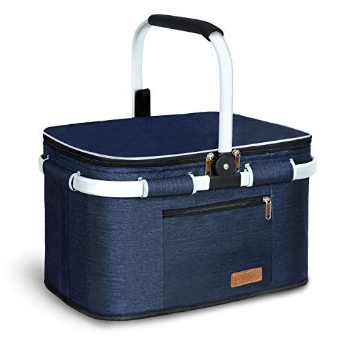 LIQING 35L Large Picnic Basket 2 Layers of Internal Pockets Leak-Proof and Insulated ，Folding with Internal Support for enhansed Stability, Wedding Gifts for Couple(Navy Blue) - color: Navy Blue
