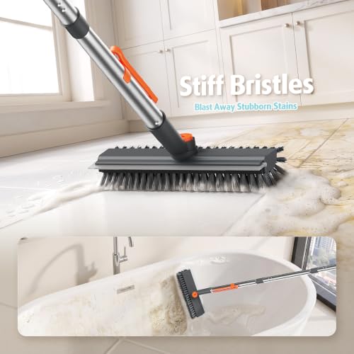 AIR U+ Floor Scrub Brush with Long Handle, 4 in 1 Floor Scrubber & Squeegee - color: Gray