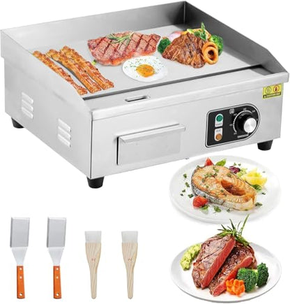1500W Commercial Electric Griddle – Non-Stick Stainless Steel Flat Top Teppanyaki Grill with 122℉-572℉ Adjustable Temp, 2 Shovels & 2 Brushes for Home & Restaurant - size: 12x14