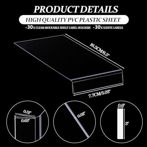 Containlol 30 Pcs PVC Shelf Label Holders with Insert Card, 6.5x3x0.6'' - size: 6.5x3x0.6''