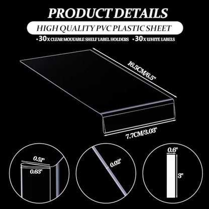Containlol 30 Pcs PVC Shelf Label Holders with Insert Card, 6.5x3x0.6'' - size: 6.5x3x0.6''