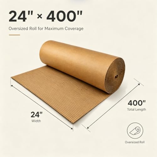 Corrugated Cardboard Roll, 24 x 400 Inches Single Face Brown cardboard Roll for Gardening, Packing & Floor Protection, Cardboard sheets for Moving, Crafts