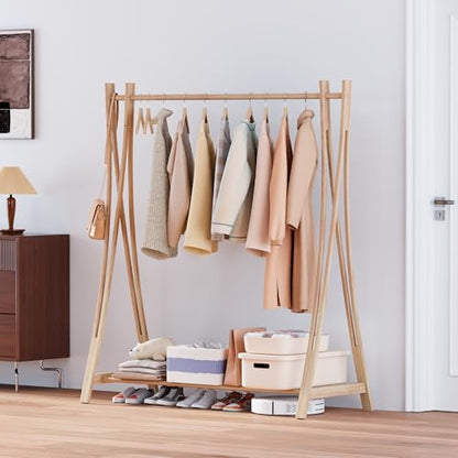 Wooden Retail Display Hanging Clothes Rack with Storage Shelf, 52" W x 57" H Freestanding Heavy Duty Clothing Drying Garment Rack for Hanging Clothes, Coat, Dress, Shirt, Hat - size: 52"W - Wood