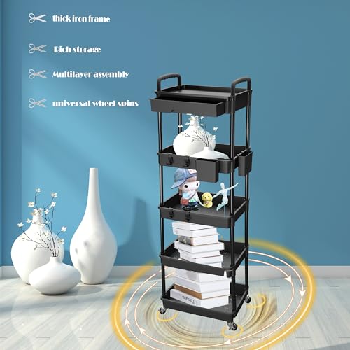 5 Tier Rolling Utility Cart with Drawer,REBECAT Utility Cart Made of Multifunctional Storage Organizer Tool for Kitchen,Bathroom,Living Room,Office(Black) - color: Black