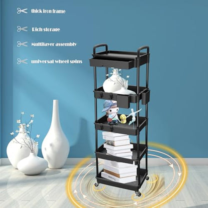 5 Tier Rolling Utility Cart with Drawer,REBECAT Utility Cart Made of Multifunctional Storage Organizer Tool for Kitchen,Bathroom,Living Room,Office(Black) - color: Black