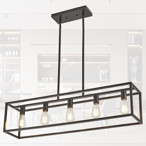 Kitchen Light Fixtures Farmhouse Rectangle Chandeliers Dining Room Light for Dining Rooms, Light Fixture Matte Oil Rubbed Bronze 5-Light Industrial Pendant Lighting - color: Oil-Rubbed Bronze, size: 5 Lights