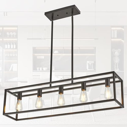 Kitchen Light Fixtures Farmhouse Rectangle Chandeliers Dining Room Light for Dining Rooms, Light Fixture Matte Oil Rubbed Bronze 5-Light Industrial Pendant Lighting - color: Oil-Rubbed Bronze, size: 5 Lights