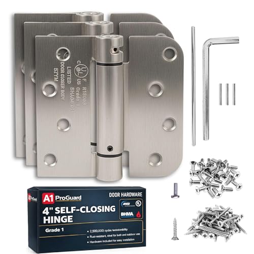 A1 ProGuard - Self Closing Spring Loaded Hinges, 4 Inch, Adjustable Tension for Garage, Front, Back Door,Door Closer Hinge, Left/Right Hand, 5/8'' Radius and Square Corners, Brushed Nickel, 3 Pack - size: 4.0 Inch (3 Pack)