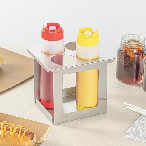 Restaurantware Squeeze Bottle Holder 1 Count 6.30 x 7.01 x 6.26 Inches Stainless Steel Condiment Organizer - Four-Hole Durable Kitchen Rack - Silver Prep Station Organizer - size: Fits 1/6 Size Opening, style: Four Holes, Holder