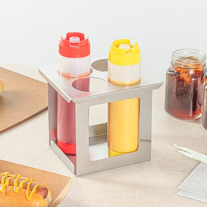 Restaurantware Squeeze Bottle Holder 1 Count 6.30 x 7.01 x 6.26 Inches Stainless Steel Condiment Organizer - Four-Hole Durable Kitchen Rack - Silver Prep Station Organizer - size: Fits 1/6 Size Opening, style: Four Holes, Holder