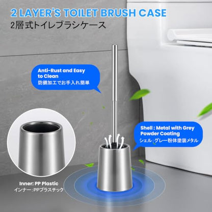 SUS304 Stainless Steel Toilet Brush and Holder Toilet Brush Bowl Cleaning Brush Double Layer Holder Long Brush Handle High Density Silicone Head