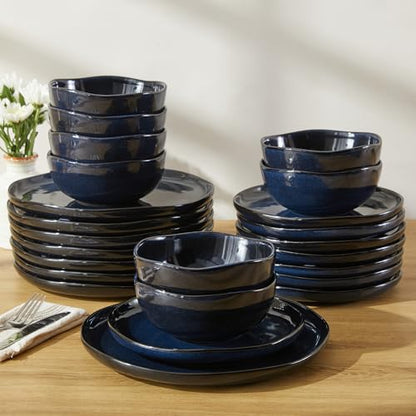 Pokini Stoneware Dinnerware Sets for 8, 24Pcs Ceramic Plates and Bowls Sets - color: Starry Blue, size: Set (24pcs)