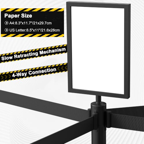 8-Pack Black Stainless Steel Crowd Control Stanchions, 9.8 ft Retractable Black Safety Belts with 2 Sign Holders(Black Belt) - color: Black stanchions w Black Belt, size: 8 pcs