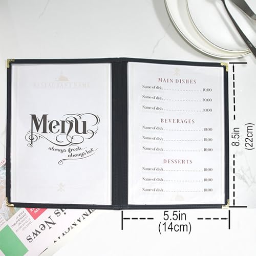 Goodsmart Restaurant Menu Covers – 25 Pack Black 4-View, Side-Loading Menu Holders, Vinyl & Plastic Café Menu Covers, Clear Menu Sleeves, Fits 5.5" x 8.5", Leather-Style Design, Gold Corners - color: Black, size: 2 Pages / 4 Views - 5.5" x 8.5"