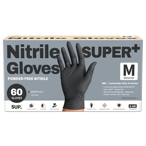 SUPER+ Black Nitrile Gloves HEAVY DUTY 6 Mil Disposable Chemical Resistant Powder & Latex Free Medical Food Safe, 60/600 Ct - color: 60 Medium (Black)
