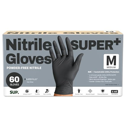 SUPER+ Black Nitrile Gloves HEAVY DUTY 6 Mil Disposable Chemical Resistant Powder & Latex Free Medical Food Safe, 60/600 Ct - color: 60 Medium (Black)