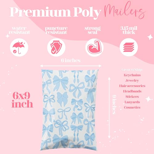 Pretty Package Store Poly Mailers 6x9, Blue Bows, 100 Pack - color: Blue Bows, size: 6x9