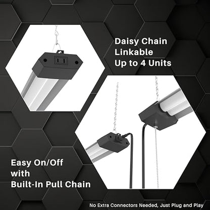 Quarterback 4FT 50W LED Shop Light Linkable with Hexagon Shade Reflector Cover Daylight White 5000K Pull Chain Plug in Workshop Fixture for Garage Basement