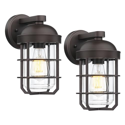 Emliviar 2 Packs Outdoor Wall Lamps, Patio Wall Lighting Waterproof with Clear Tempered Glass, Vintage Exterior Lights in Oil Rubbed Bronze Finish, GE255BL-2PK ORB - color: Oil Rubbed Bronze - Clear Tempered Glass, size: 11.3 Inch
