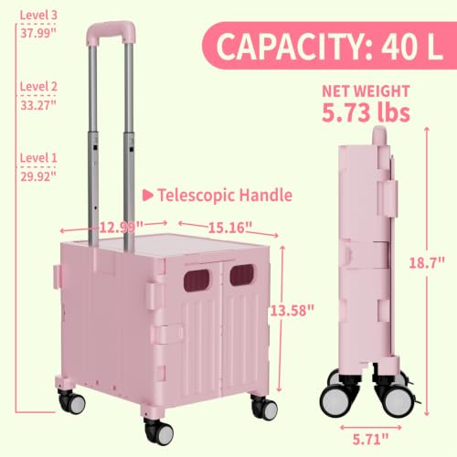Foldable Shopping Cart with Wheels: Pink Rolling Utility Crate - color: Pink
