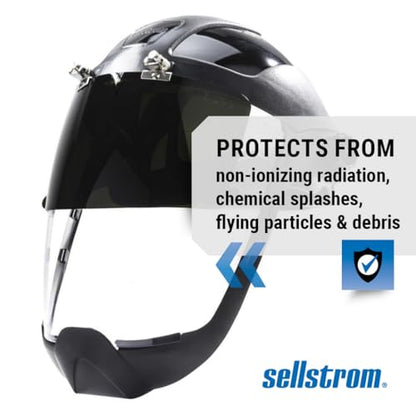 Sellstrom DP4 Face Shield - Lightweight Mask with High Impact Crown & Ratchet Headgear for Work, Grinding, Plasma/Flame Cutting - ANSI Z87.1 - Clear Anti Fog Polycarbonate Window - UV/IR Flip Up Visor - style: Shade 5 Infrared Visor W/ Chinguard