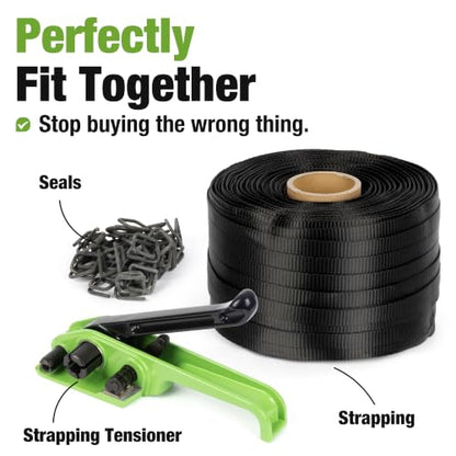 U.S. Solid Banding Strapping Kit 3/4" x 985ft Tensioner 2000lbs 200 Buckles - color: Black