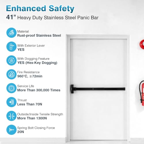 IRONWALLS 41" Push Bar Panic Exit Device, Exterior Lever, Stainless Steel - color: Black