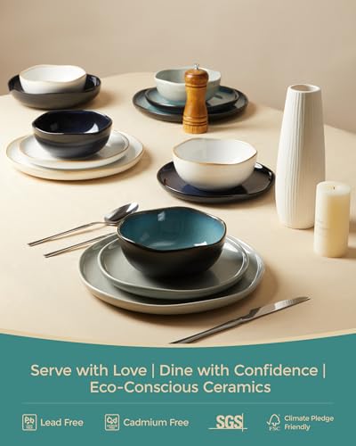 Pokini Stoneware Dinnerware Sets for 12, 36Pcs Ceramic Plates and Bowls Set - color: Green Black, size: Set (36pcs)