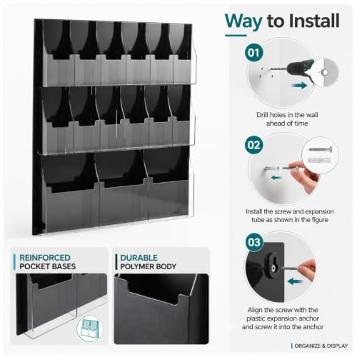 Sintuff Acrylic Brochure Rack 3 Magazine Holders 12 Pamphlet 31.7 x 28.3 Inch Wall Mounted Three Fold Brochure Rack Black Transparent Suitable for Data Storage in Offices School Homes