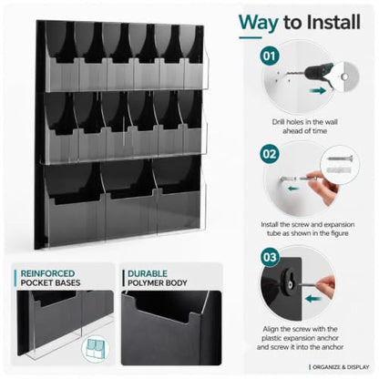 Sintuff Acrylic Brochure Rack 3 Magazine Holders 12 Pamphlet 31.7 x 28.3 Inch Wall Mounted Three Fold Brochure Rack Black Transparent Suitable for Data Storage in Offices School Homes