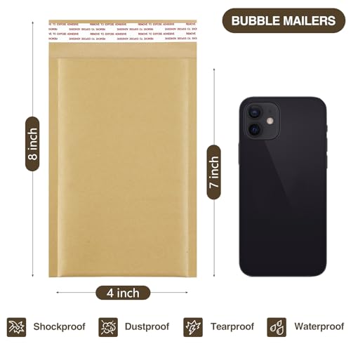 UCGOU Natural Kraft Bubble Mailers 4x8 Inch 50 Pack Brown Usable Size 4x7 Padded Envelope #000 Small Business Package Self Sealing Tear Resistant Boutique Bulk Shipping Bag for Jewelry Makeup Supplies - size: 4x8" 50PC