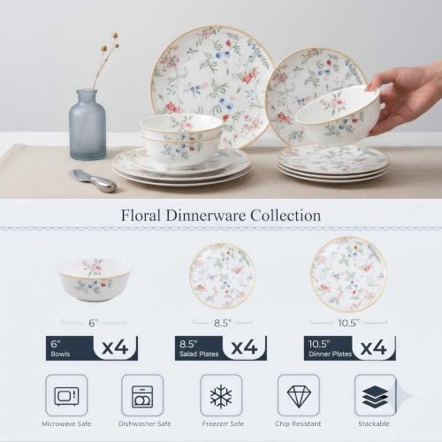 Bone China Dinnerware Set for 4, 12 Pcs Floral Plates and Bowls, Gold Rim - color: pestel blossoms