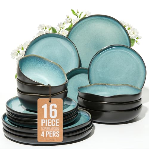 Pokini Stoneware Dinnerware Sets for 4, 16Pcs Ceramic Plates and Bowls Sets - color: Green Black, size: Set (16pcs)