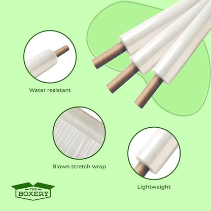 The Boxery 20" x 1000' -4 Rolls (4000ft Total) Cast Stretch Wrap with Handles – 60 Gauge Clear Film – Extended Core Hand Wrap for Smooth, Quiet, Heavy-Duty Wrapping