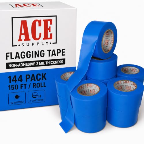 ACE Supply Blue Flagging Tape 144 Pack - Non-Adhesive Survey Tape - 1-3/16 Inch Width, 150 Ft Length, 2 Mil - Tree Marking Ribbon, Surveyors Ribbon - color: Blue, size: 144 Pack