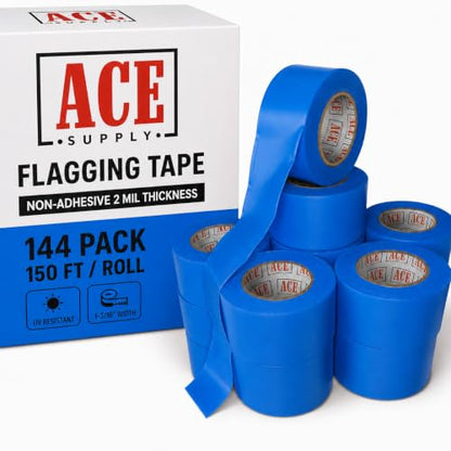 ACE Supply Blue Flagging Tape 144 Pack - Non-Adhesive Survey Tape - 1-3/16 Inch Width, 150 Ft Length, 2 Mil - Tree Marking Ribbon, Surveyors Ribbon - color: Blue, size: 144 Pack