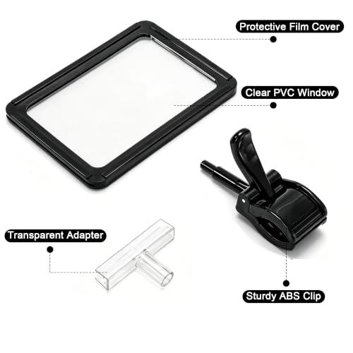12 Pack Acrylic Sign Holder with Clamp, 6 x 9 Inch Double Head Display Clips with PVC Card Protector, Swivel Sign Holder with Clip for Clothing, Retail Store, Office, Boutique Display