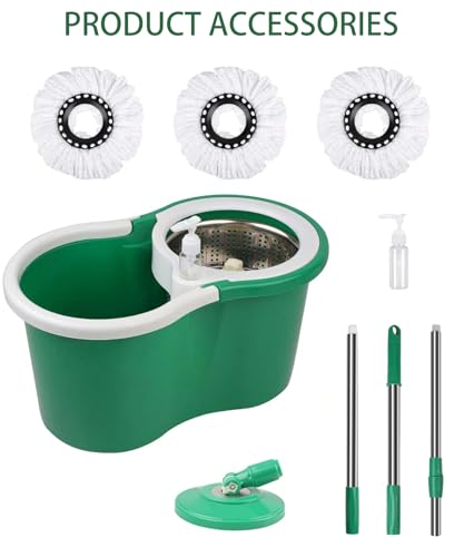 Hand Free Household Mop and Bucket with Wringer Set,Operable 360 ° Rotating Mop Bucket Set with 3 Microfiber Replacement Head and Stainless Steel 56" Extended Handle for Office and Home use(Green)