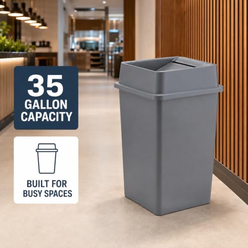 1 Pack Brown 35 Gallon Square Waste Bin with Lid, Durable Commercial Resin Trash Container with Built-in Handles for High-Traffic Restaurant, School, Office and Warehouse - color: Brown, size: 35 Gallon