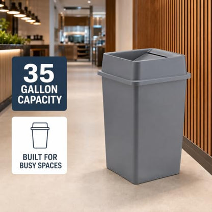 1 Pack Brown 35 Gallon Square Waste Bin with Lid, Durable Commercial Resin Trash Container with Built-in Handles for High-Traffic Restaurant, School, Office and Warehouse - color: Brown, size: 35 Gallon