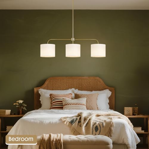 3 Light Gold Linear Chandelier with Linen Beige Drum Shades,Modern Pendant Light Fixture for Kitchen Island,Dining Room,Living Room,Mid-Century Ceiling Light Fixture,Adjustable Height Island Light - color: 3 Light-Gold