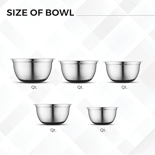 Avador Premium Stainless Steel Mixing Bowls with Lids Non-Slip, Set of 5 Mixing Bowl Set with Silicone Base, Space Saving, Great for Cooking, Baking, Prepping (0.25qt, 1qt, 1.5qt, 3qt, 5qt)