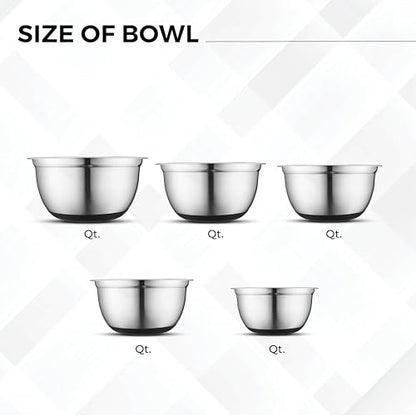 Avador Premium Stainless Steel Mixing Bowls with Lids Non-Slip, Set of 5 Mixing Bowl Set with Silicone Base, Space Saving, Great for Cooking, Baking, Prepping (0.25qt, 1qt, 1.5qt, 3qt, 5qt)