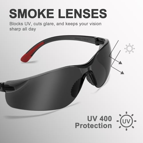 ProtectX Safety Glasses for Men & Women, Safety Sunglasses - color: Olympus Red Tip Smoke 3 Pk