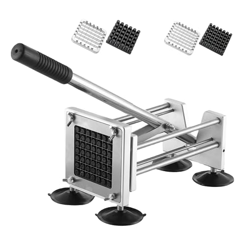 French Fry Cutter，Professional Stainless Steel Potato Cutter， Press Fries with 1/2-Inch and 3/8-Inch Blade Great for Potatoes