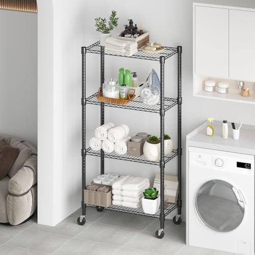 Himimi 72" H Wire Shelving Unit Storage, Metal Storage Shelves with Wheels, Heavy Duty Shelves with 4-Tier Adjustable Layer Rack Strong Steel for Kitchen Pantry Basement, 14" D×30" W×72" H, Black - color: Black, size: 14"D×30"W×72"H, 4-Tier