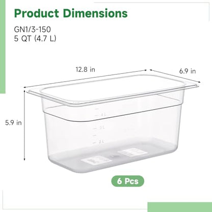 6 PCS Clear Food Pans, 1/3 Size 6 Inch Deep, 5 Qt Commercial Plastic Food Containers, Transparent Freezer-Safe Storage Pans with Frosted Non-Slip Bottom for Kitchen Prep Restaurant Buffet Party