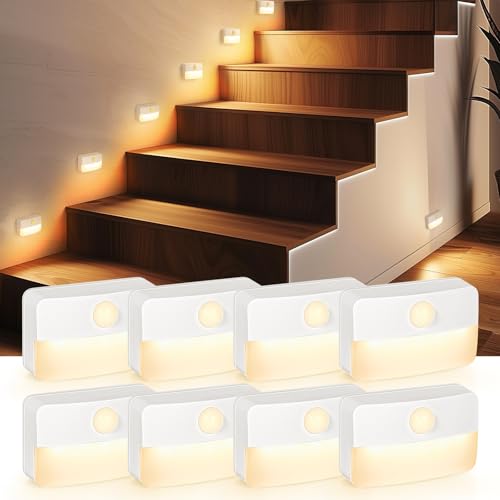 8 Pack Motion Sensor Stair Light Indoor, Battery Operated Night Lights - color: White - Battery Powered, size: 8 Pack